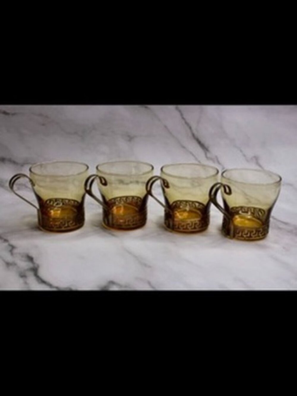 Set of Four Vintage Amber Libbey Greek Key Mugs